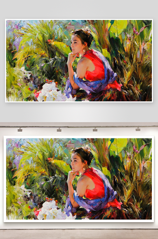 油画中红衣女子静思于花丛-众图网