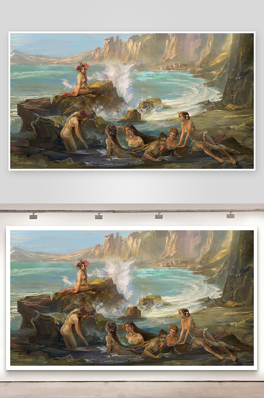 海边岩石上的女子群像画-众图网