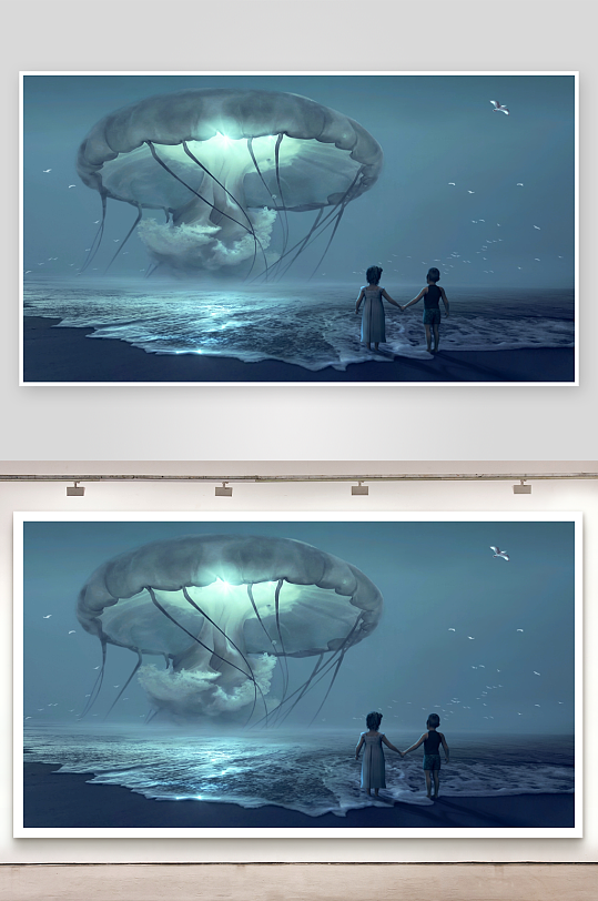 海边孩童与巨大水母的奇幻邂逅-众图网