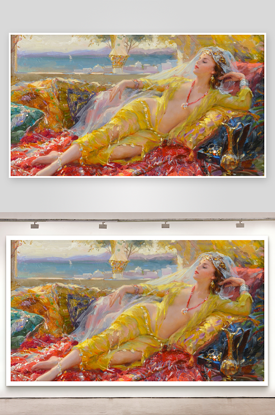 油画中身着黄衣的女子静卧场景-众图网