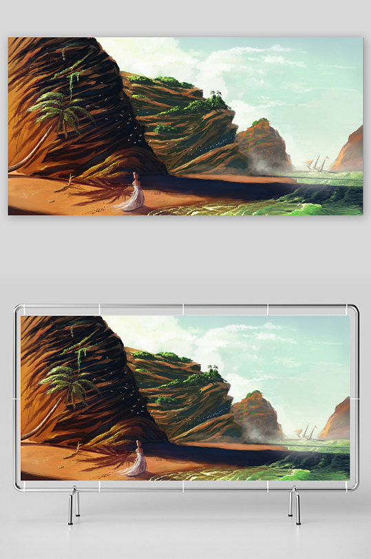 海边悬崖下的女子与帆船-众图网