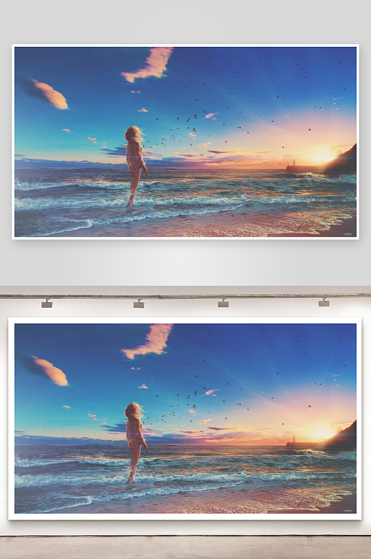 海边日落女子漫步-众图网