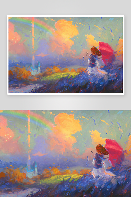 油画少女撑伞彩虹风景-众图网