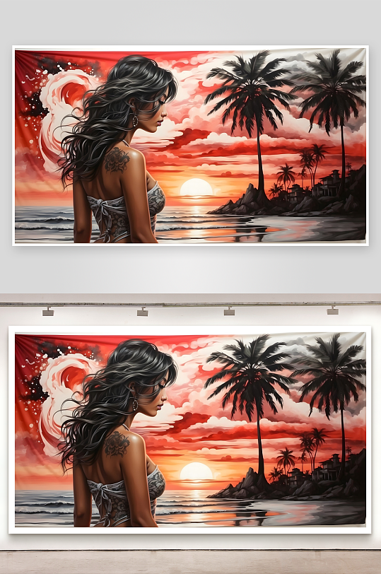 海边日落女子背影画-众图网