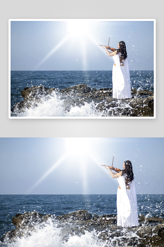 海边白衣女子拉小提琴-众图网