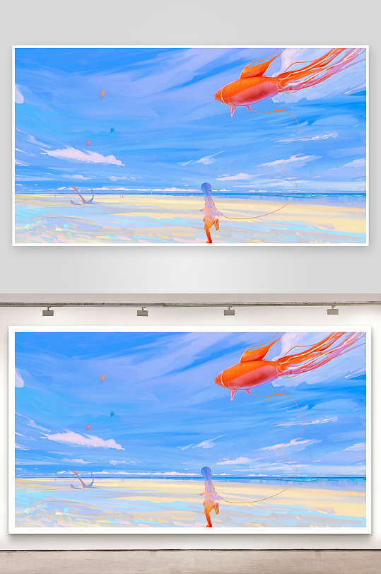 海边童趣鱼形风筝与彩色气球-众图网