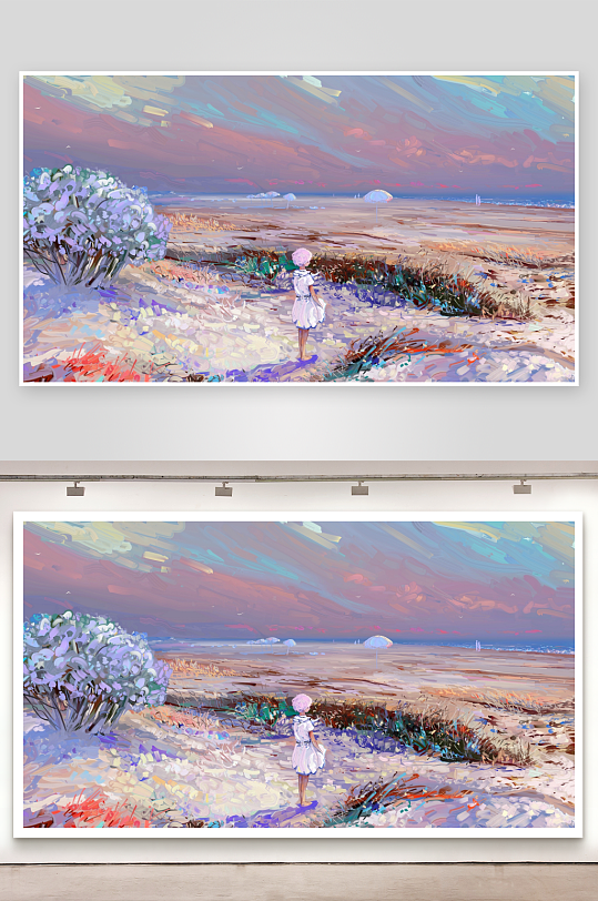 油画风格海滩少女背影-众图网