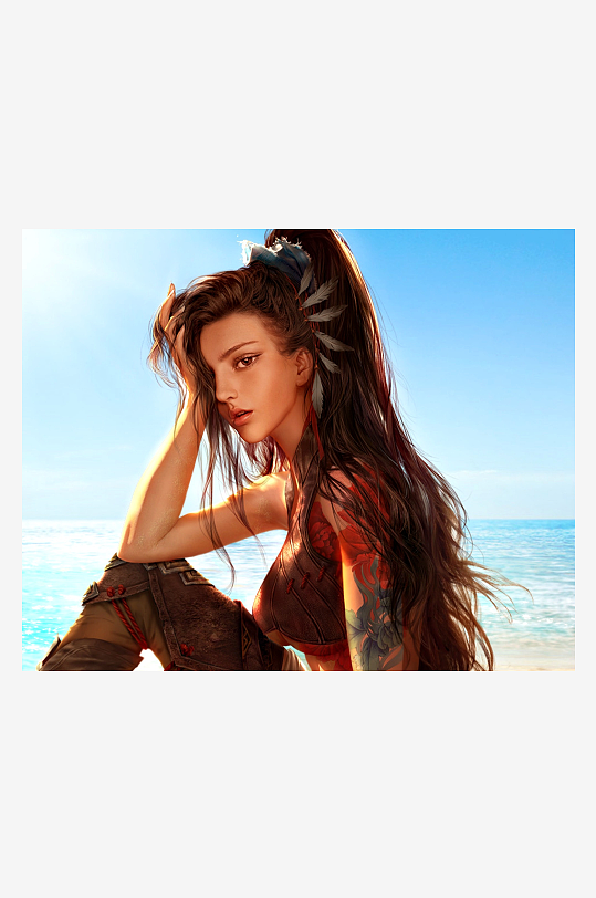 海边长发女子手抚秀发-众图网