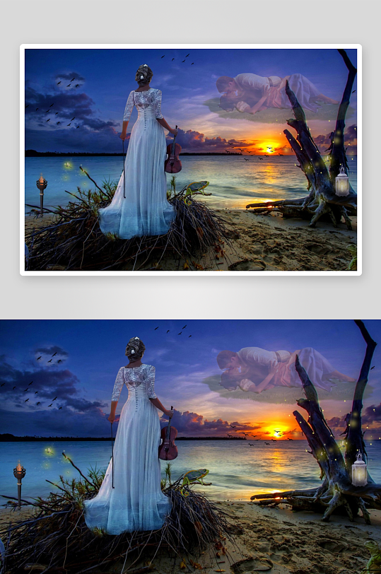 海边黄昏女子拉小提琴梦幻场景-众图网