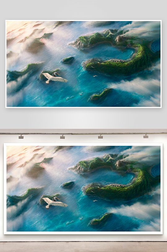 海鸟翱翔岛屿云雾缭绕-众图网