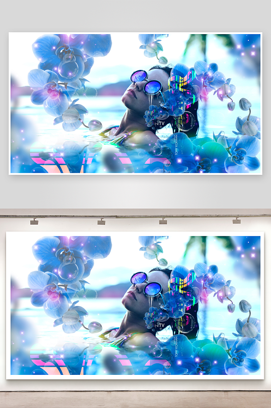 泳池中戴墨镜的女子与蓝色花朵-众图网