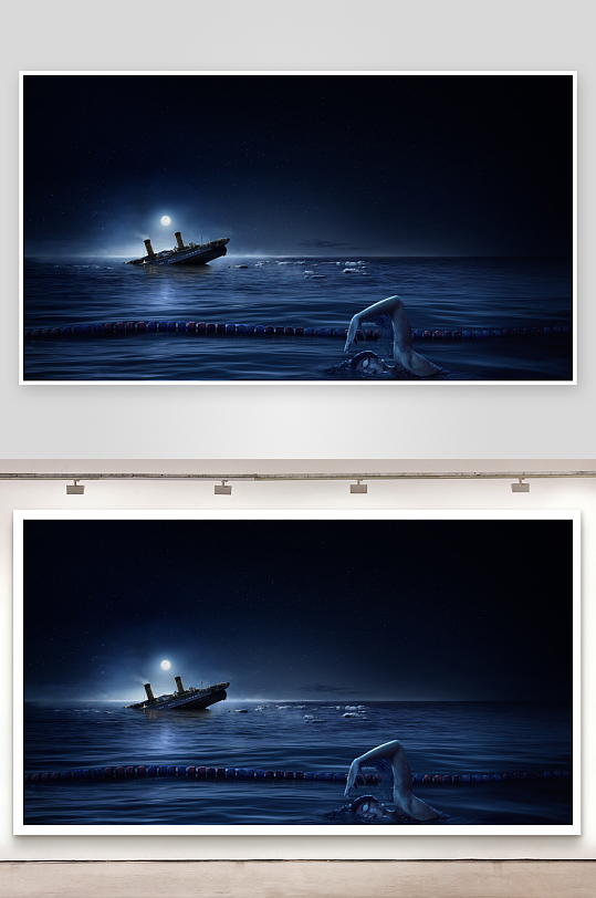 泳池夜景中的沉船与游泳者-众图网