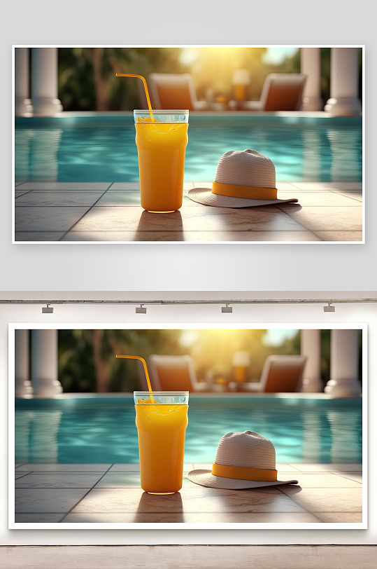 泳池边橙汁与草帽-众图网