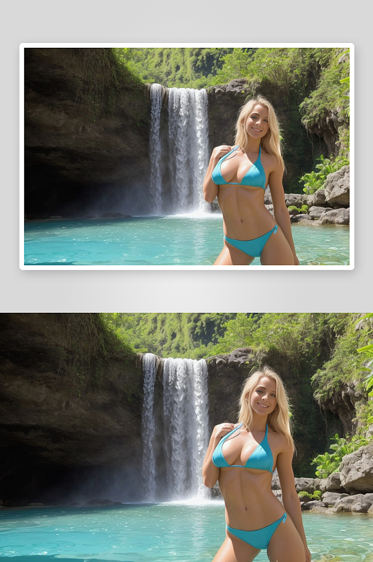 泳装女子瀑布前留影-众图网