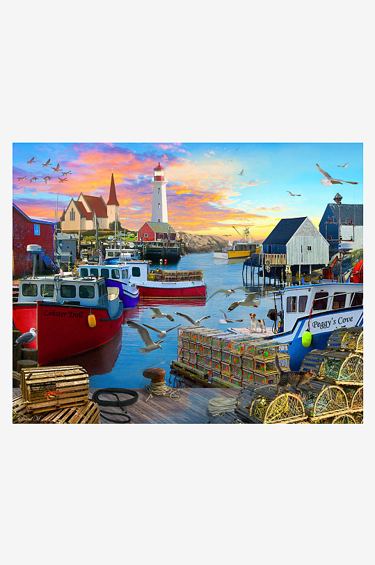 渔港黄昏景色渔船与灯塔-众图网