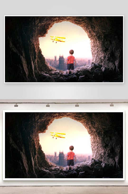洞穴男孩望飞机城市-众图网