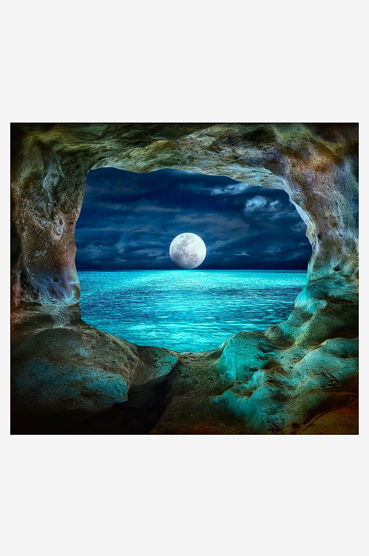 洞穴观月夜海美景-众图网