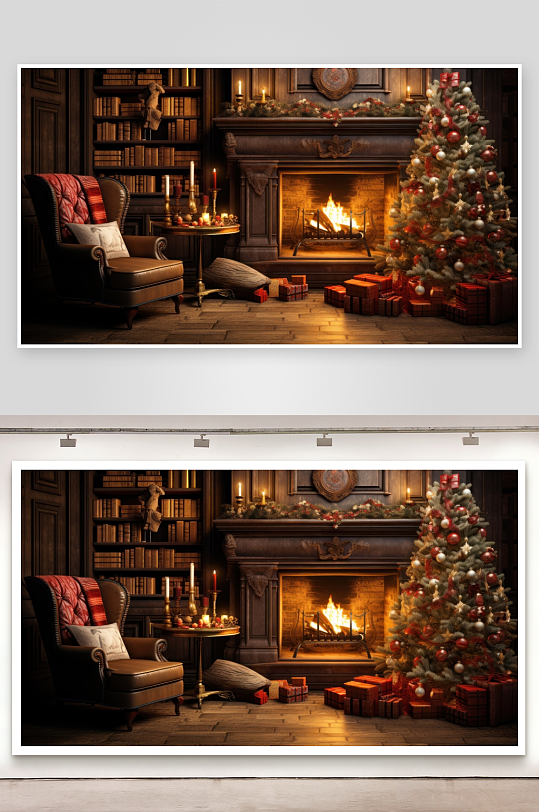 温馨圣诞室内场景壁炉旁-众图网