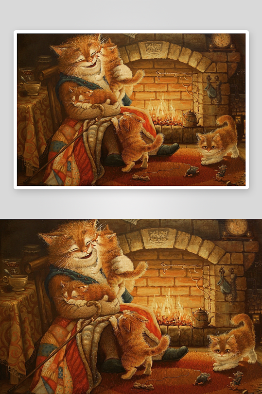 温馨壁炉旁的猫咪家庭-众图网