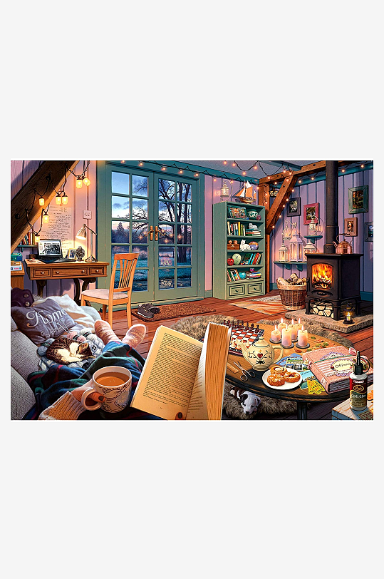 温馨室内冬日午后休闲场景-众图网