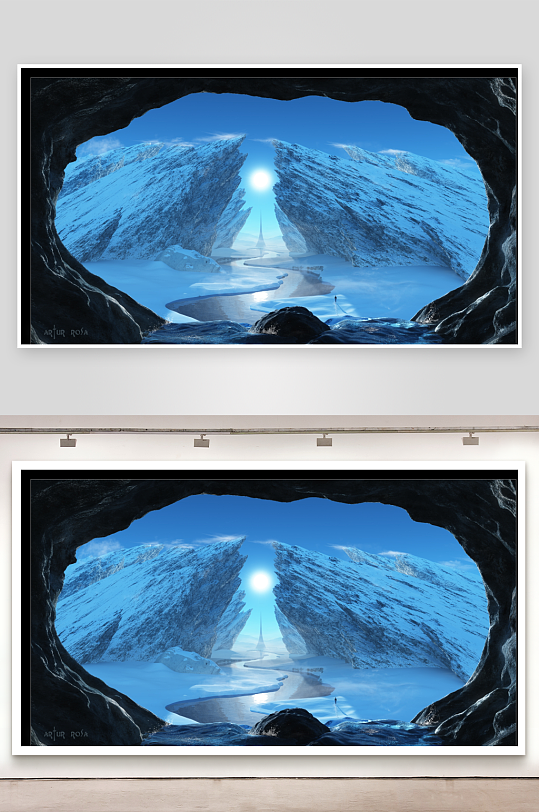 洞穴视角下的雪山冰河景观-众图网