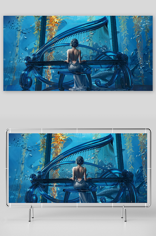 海底女子弹奏蓝色竖琴-众图网