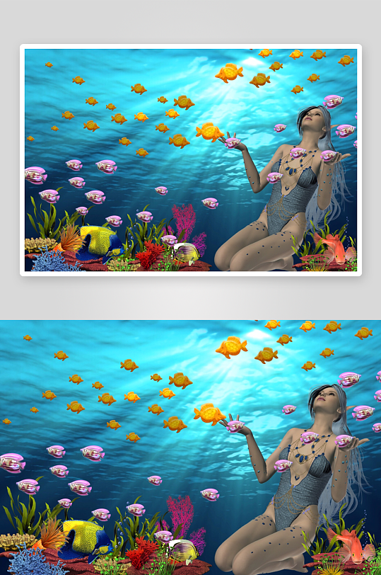 海底美人与鱼群共舞梦幻场景-众图网