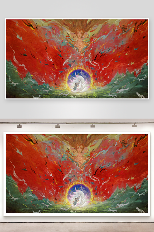 火焰凤凰与神秘女子的艺术画卷-众图网