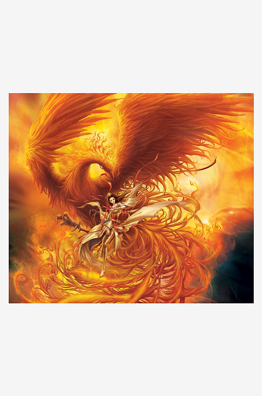 火焰凤凰与骑士翱翔于天际-众图网