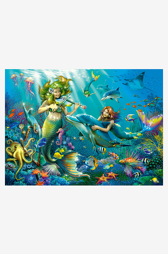海底美人鱼与海豚共舞场景-众图网