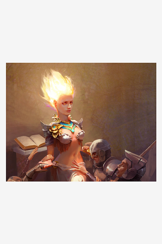 火焰女神与骑士的奇幻场景-众图网