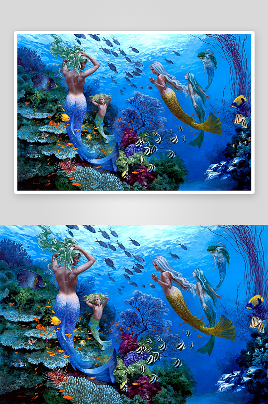 海底美人鱼与珊瑚鱼群共舞-众图网