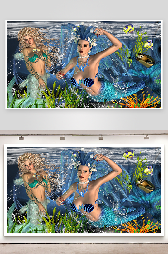 海底美人鱼嬉戏场景-众图网