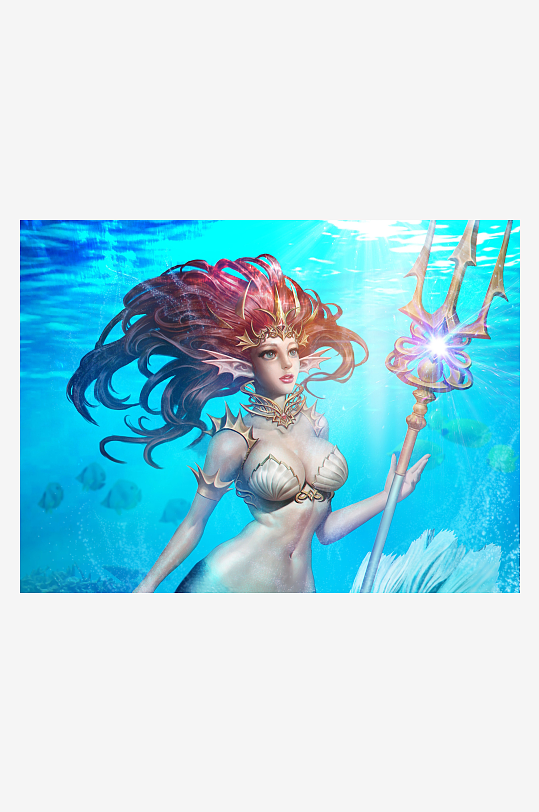 海底美人鱼手持三叉戟-众图网