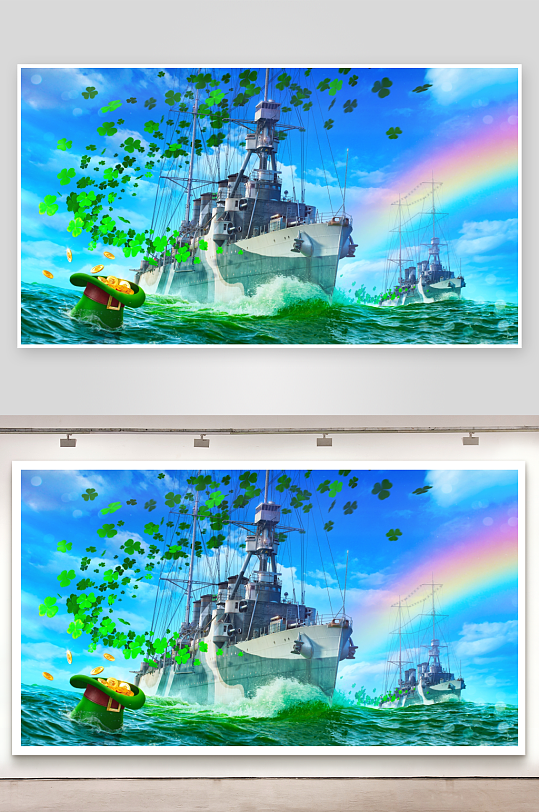 海战舰与三叶草节日场景-众图网