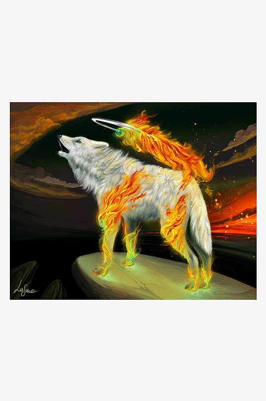 火焰狼啸夜空奇幻艺术画-众图网