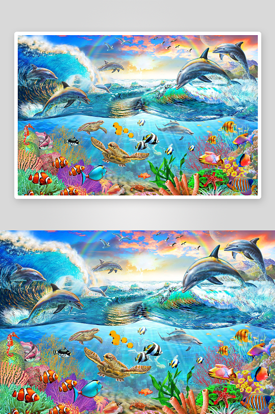 海洋生物跃浪嬉戏多彩珊瑚-众图网