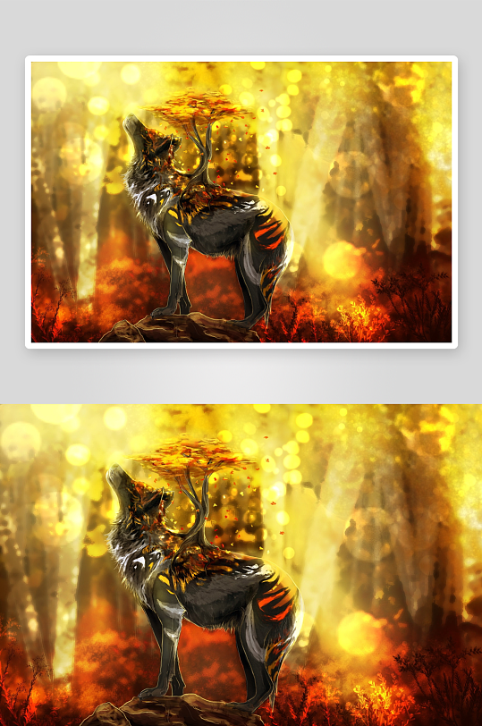 火焰狼啸秋林奇幻艺术画-众图网