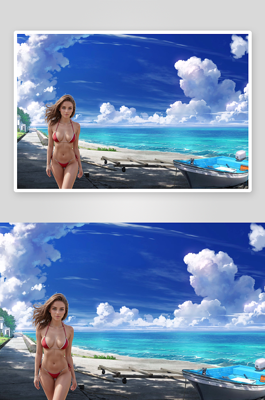 海滨少女漫步游艇旁-众图网