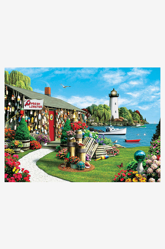 海滨灯塔花店美景-众图网