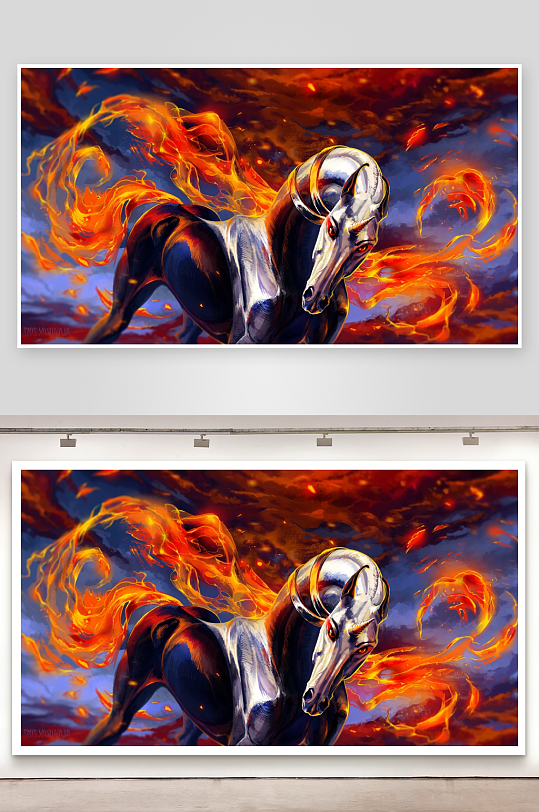 火焰环绕的奇幻白马奔腾-众图网