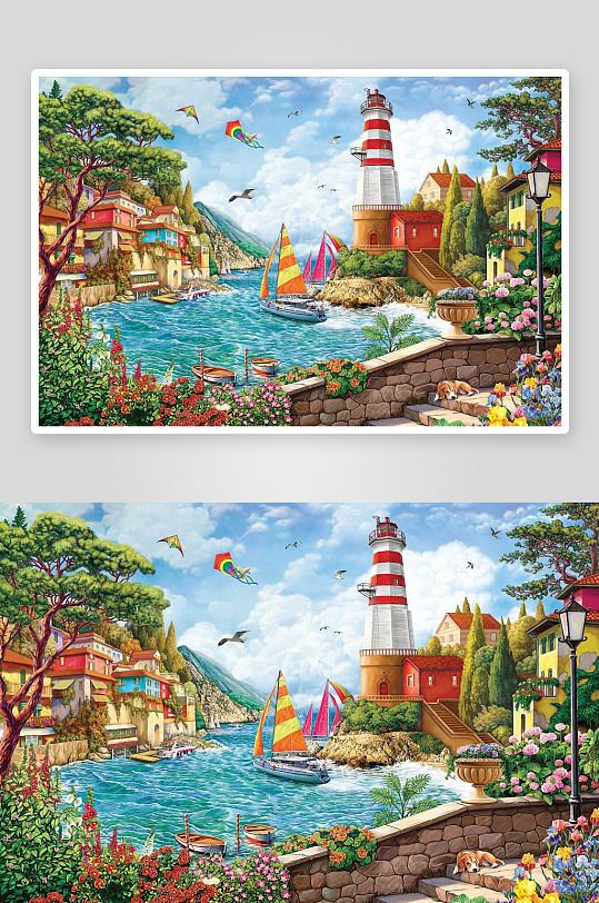 海滨灯塔风光画照片摄影-众图网