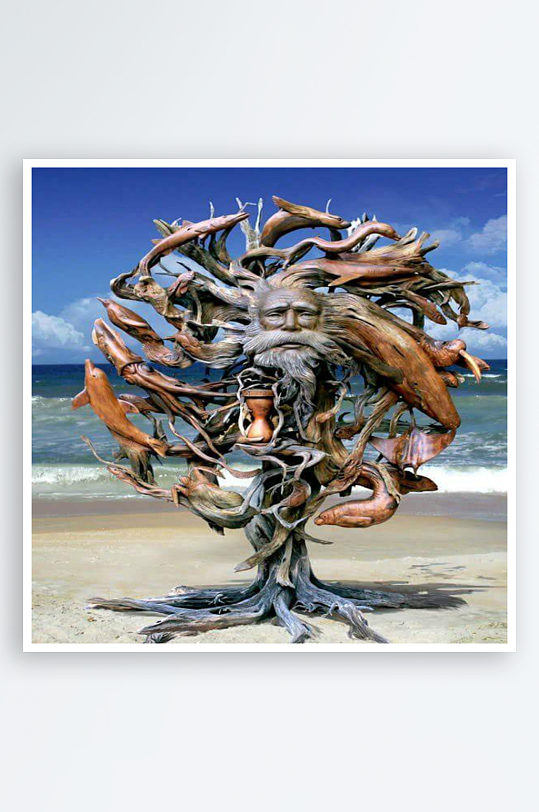 海滩上的木雕艺术人像-众图网