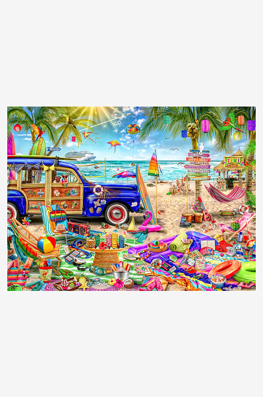 海滩派对复古汽车与缤纷物品-众图网