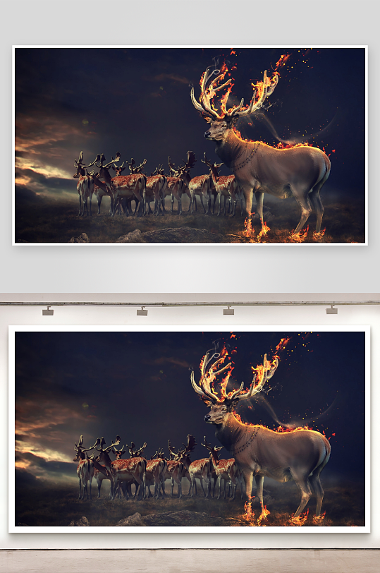火焰鹿群奇幻夜景-众图网