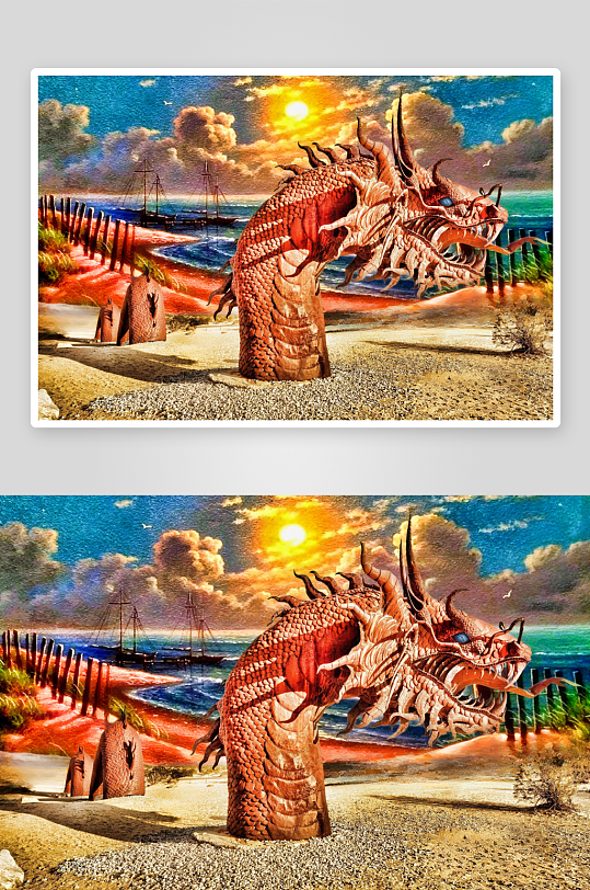 海滩龙雕与帆船日落景象-众图网