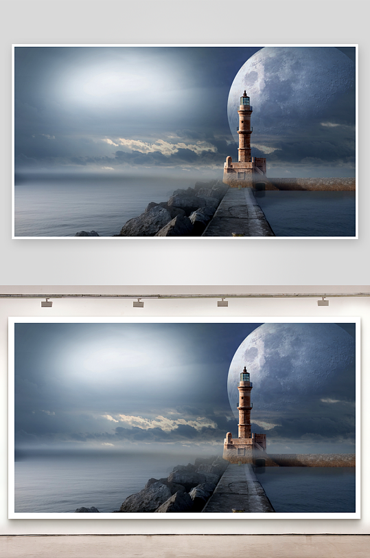 灯塔与巨大月亮的奇幻夜景-众图网