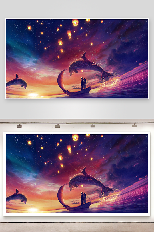 海豚伴飞船上恋人夜空放灯-众图网