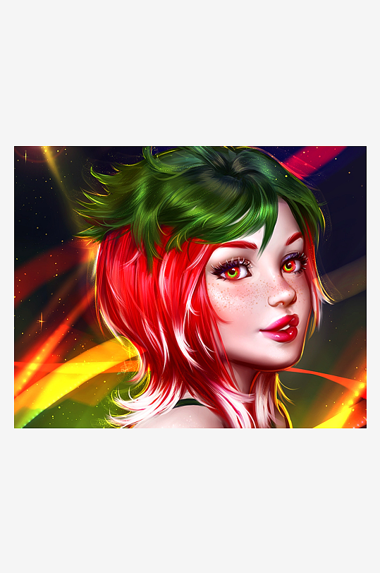 炫彩头发少女肖像艺术画-众图网