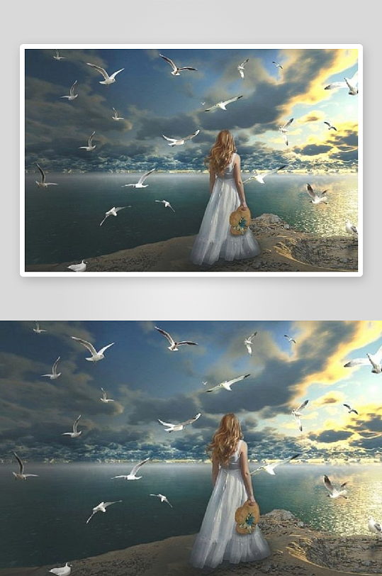海边女子与飞翔海鸥-众图网